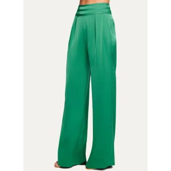 Ramy Brook Women "Joss" Olive Green Silky Satin Wide Leg Trouser Pants size 14 - Picture 1 of 9